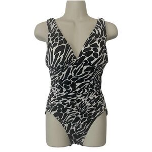 Miraclesuit Sonatina Womens Size 8 Animal Black White One Piece Ruched Swimsuit